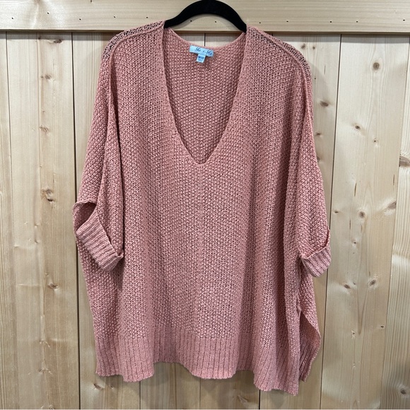 She + Sky Sweaters - She + Sky Beachy Mauve Open Knit V-Neck Oversized Tunic Sweater – One Size